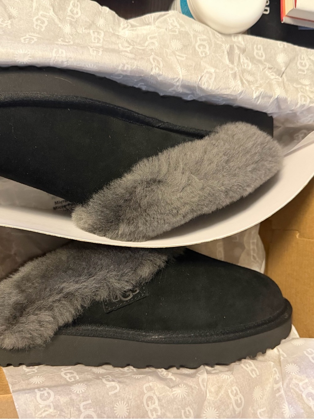 UGG Women’s Black Suede Slippers with Gray Shearling Collar